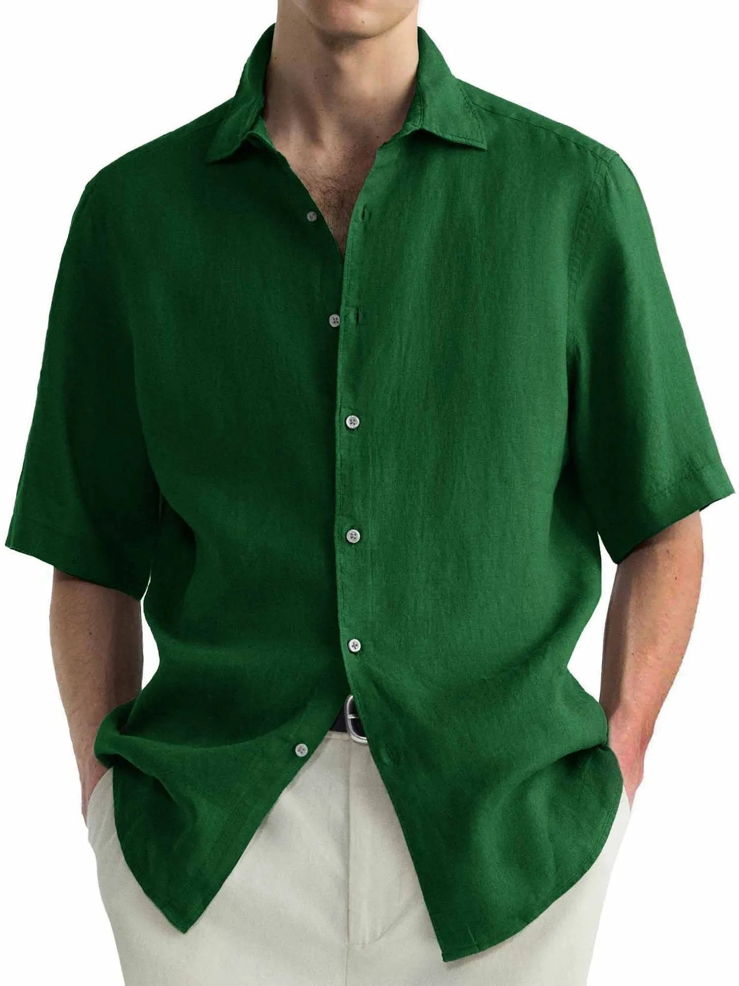 Green washed cotton men's casual shirt with a cardigan style on a hanger.