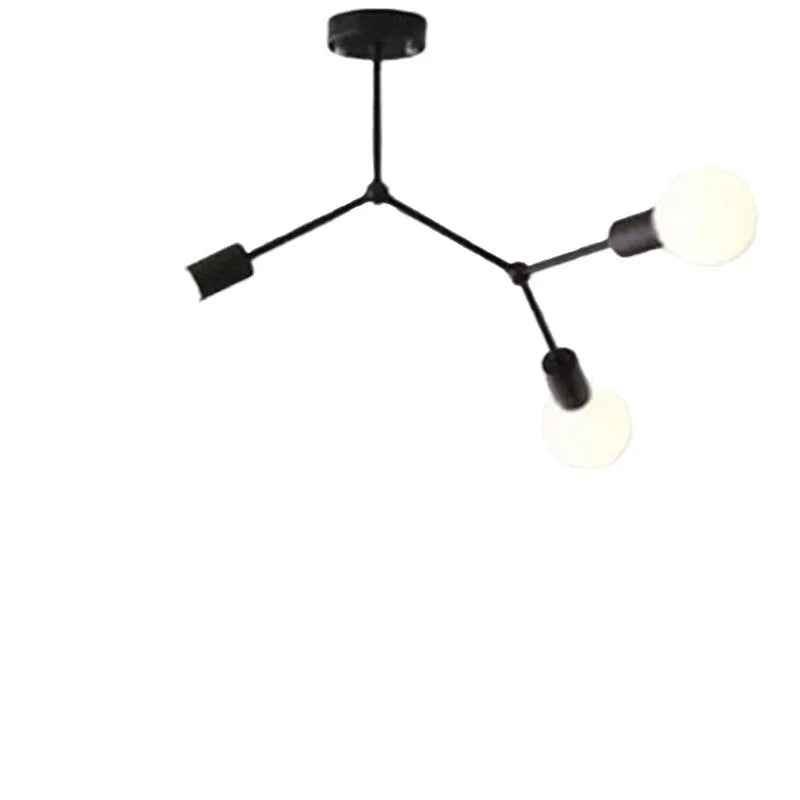 Nordic style black iron chandelier with multiple light heads mounted on a ceiling.
