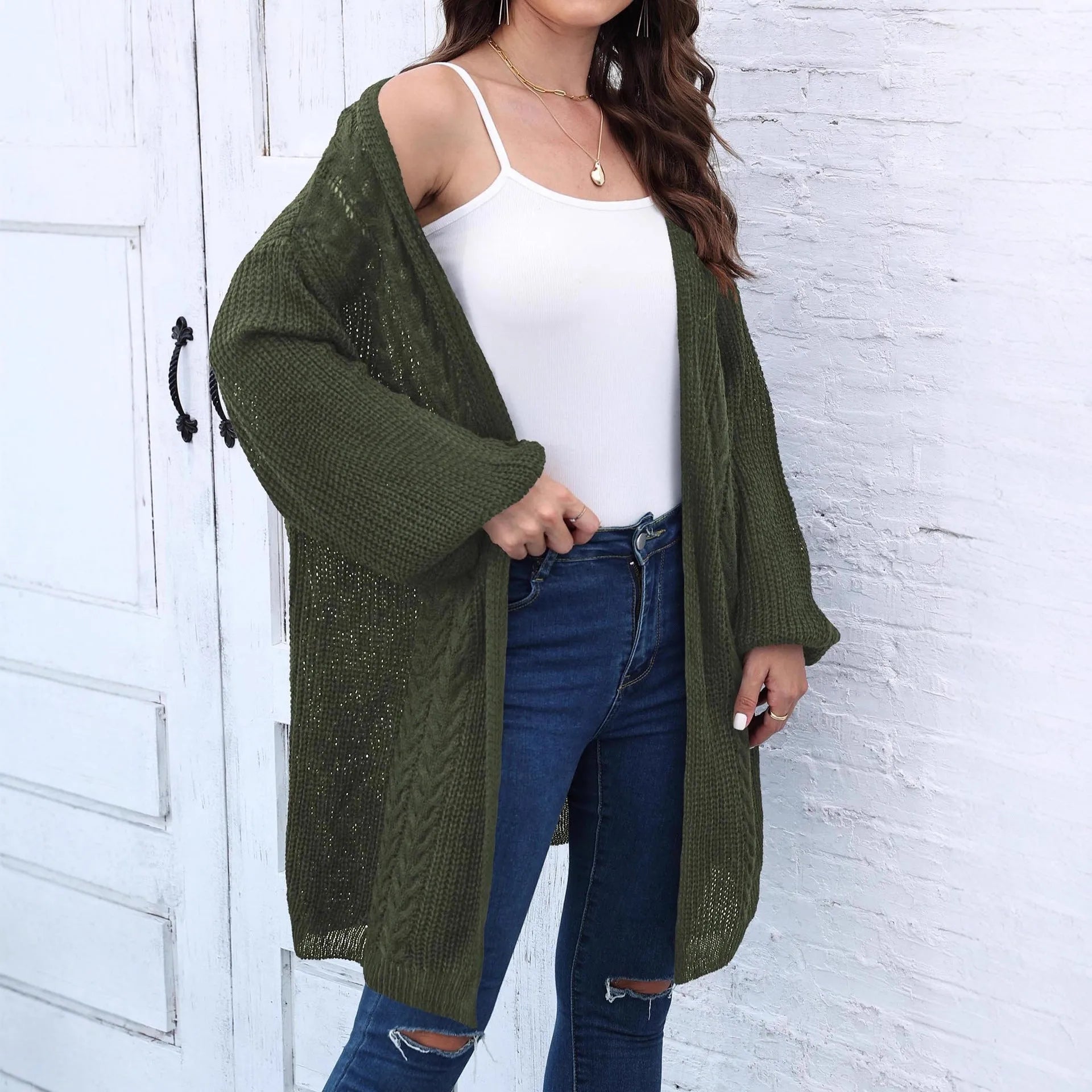 Women's longline acrylic cardigan in a free size loose fit, shown in brown.
