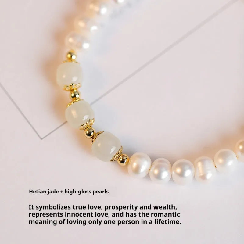 Freshwater pearl bracelet with diamond shape design in Korean style showing electroplated finish in Hetian jade colour