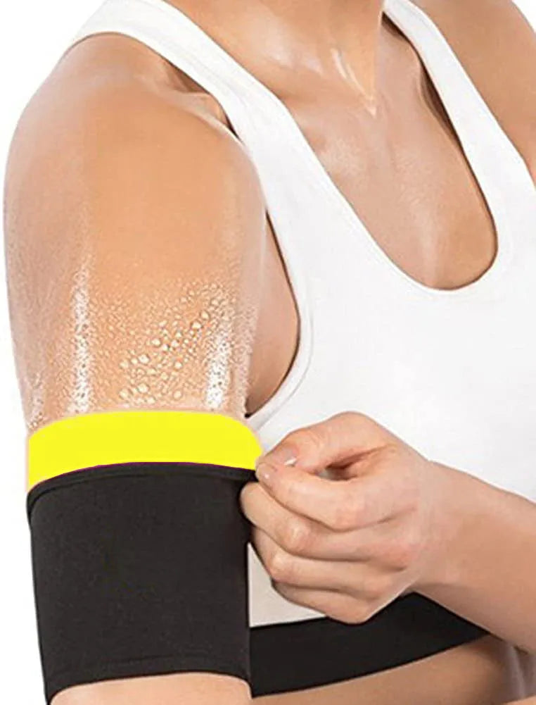 Adjustable neoprene sports armband with buckle, shown in blue, secured on an arm during exercise.