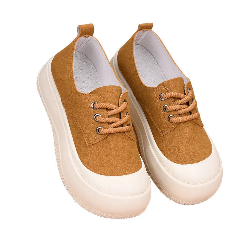 Women's camel suede platform loafers with 4CM height, round toe and front lace-up.