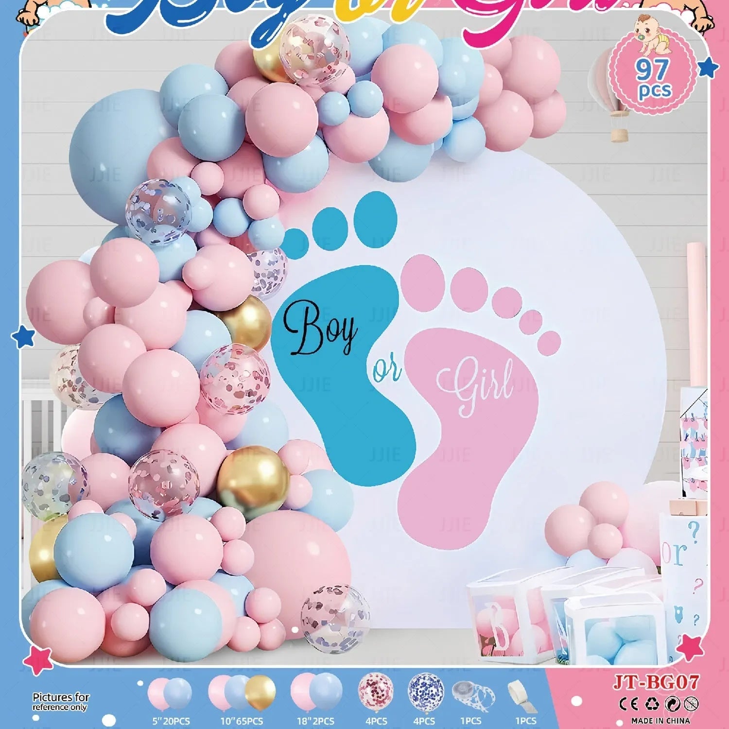 Gender reveal balloon decoration kit with aluminum foil round balloons, pink bottle, blue bottle, and ribbon