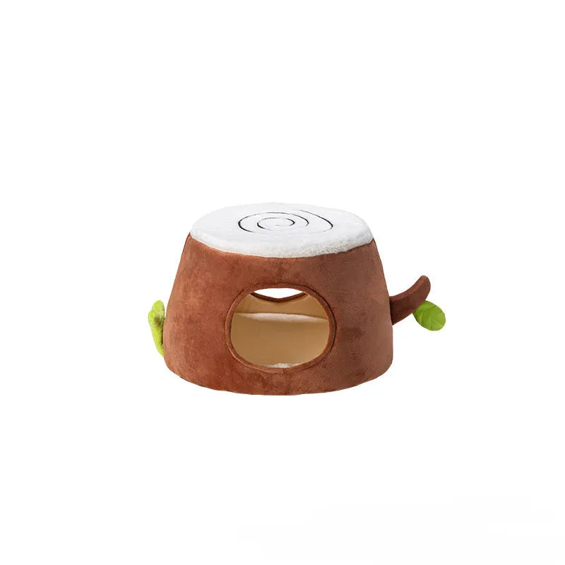 Transformable double-layer tree stump cat nest in natural brown with cream cushion and arched front doorway