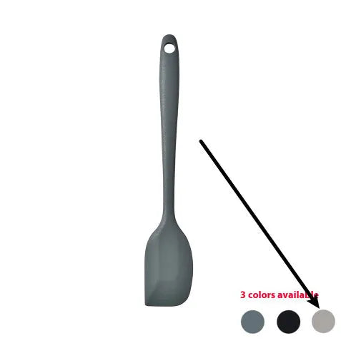12-piece black silicone kitchen utensil set with tools stored in a rotating countertop storage bucket