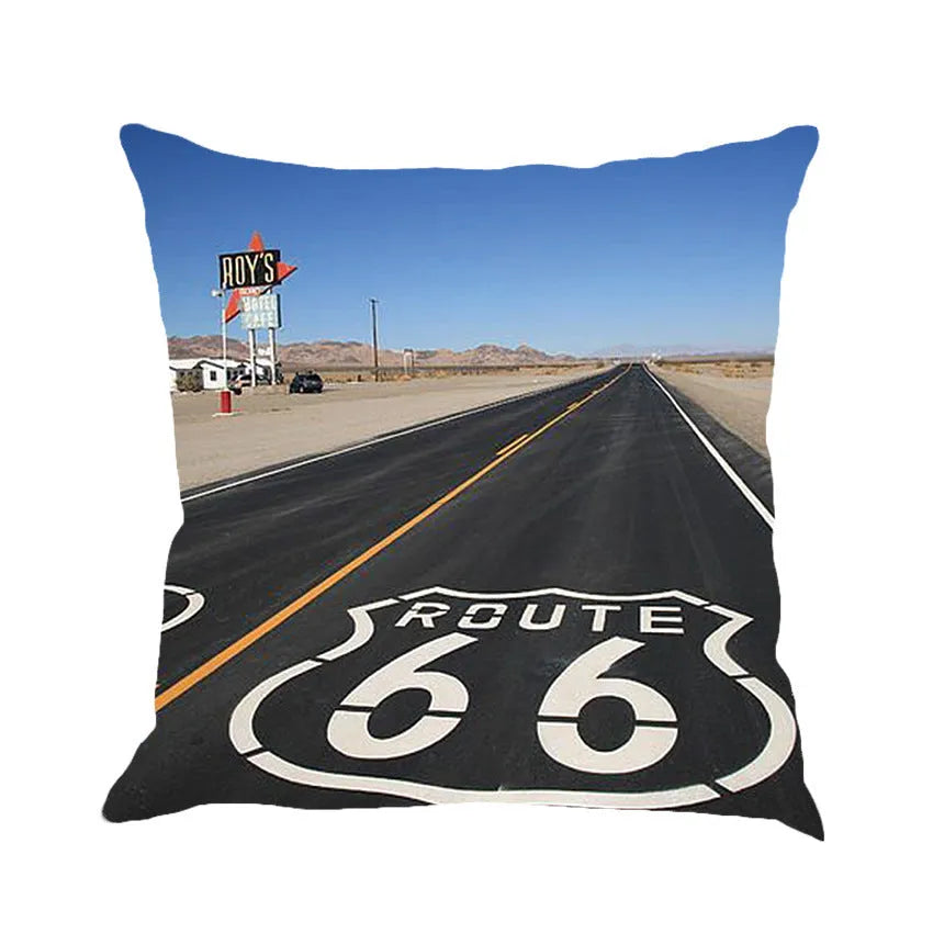 45cm square linen cushion cover with Route 66 road landscape pattern in European style.