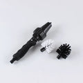 Black water-powered wheel brush 38cm long with soft and rigid brush heads connected to garden hose for tyre cleaning