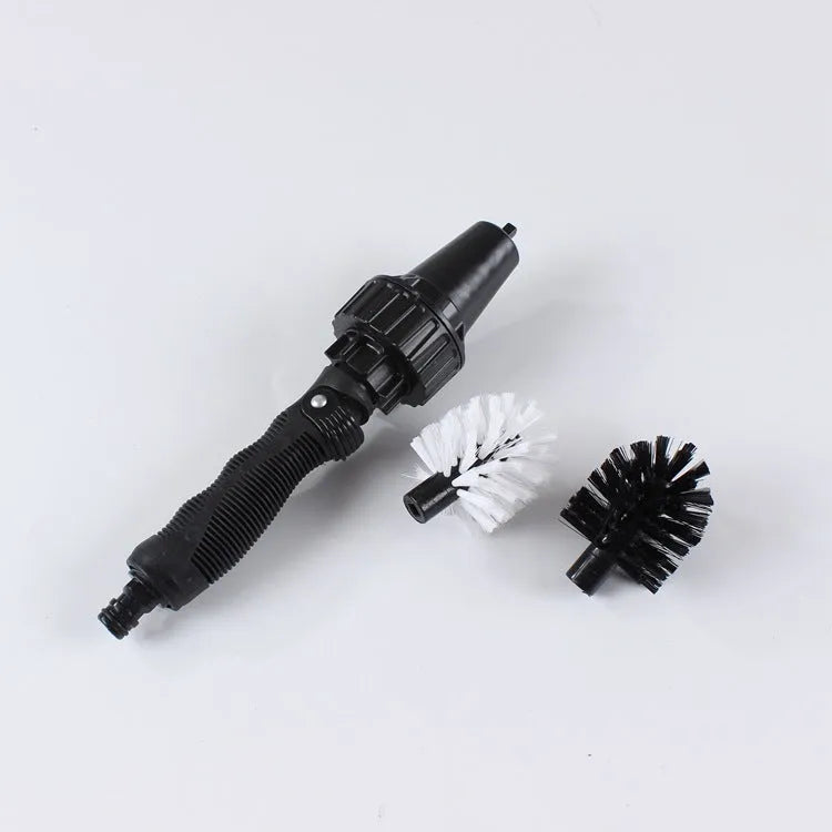 Black water-powered wheel brush 38cm long with soft and rigid brush heads connected to garden hose for tyre cleaning