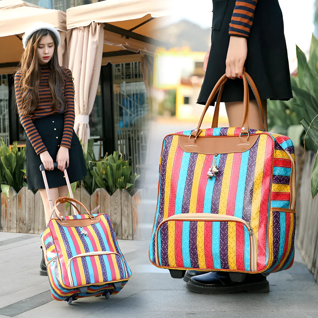 PU trolley suitcase with wheels shown in a choice of eight different colour and pattern designs.