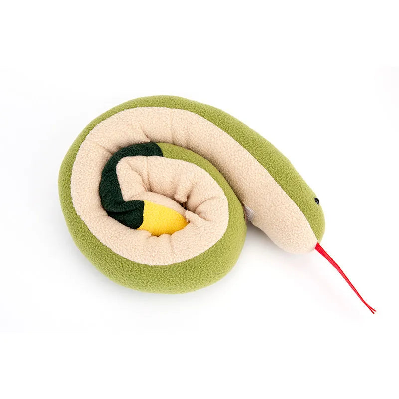 Snake snuffle toy for dogs, 85cm polar fleece slow feeder in snake shape on floor