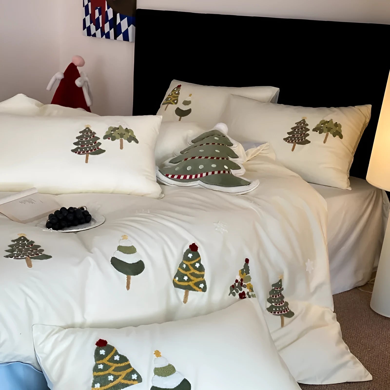 Pure cotton duvet cover and pillowcase set with raised embroidered Christmas tree and floral design in green and cream.