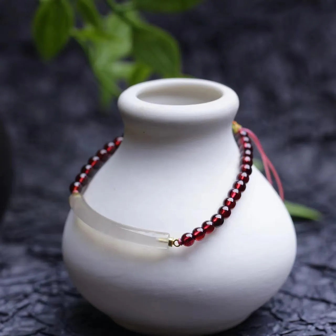 Red natural agate garnet beaded bracelet with adjustable pull closure for women