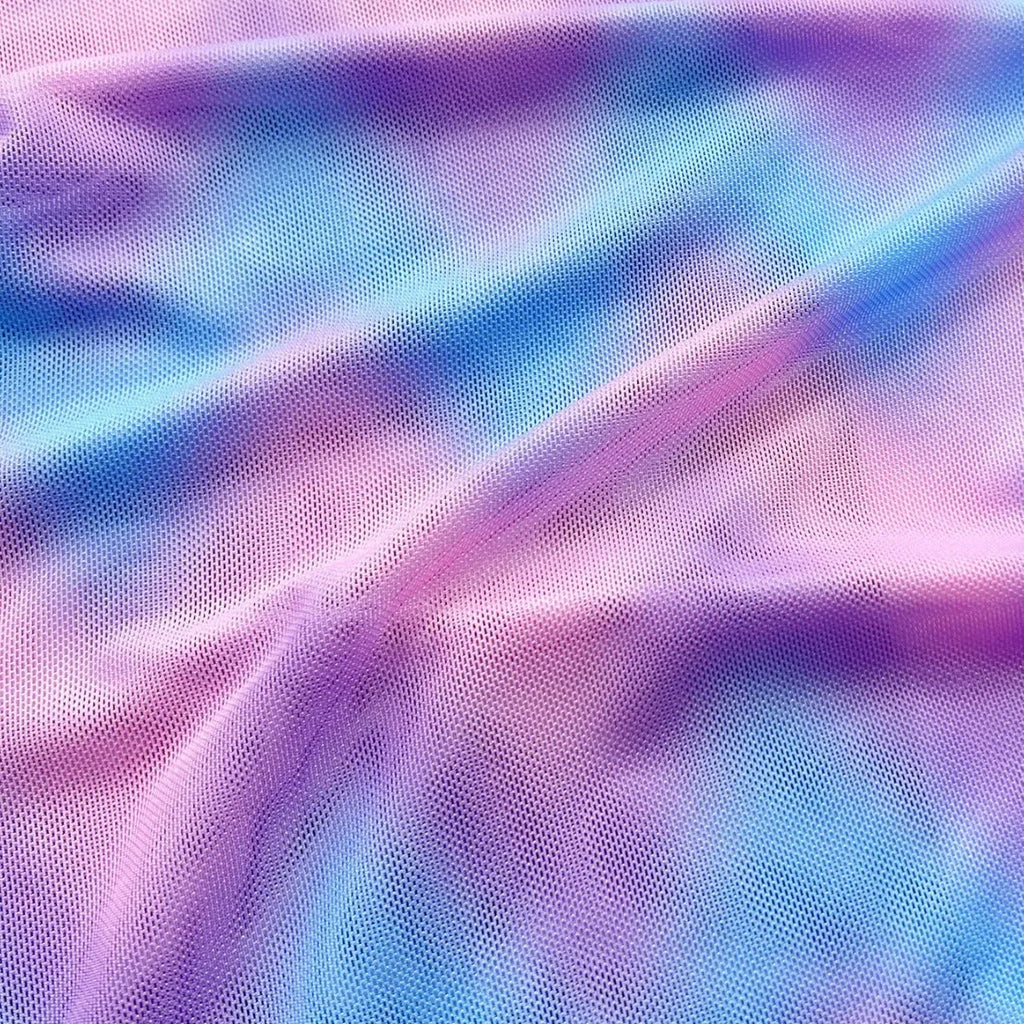 Women's tie-dye bikini swimsuit with split-front design and matching bra and briefs