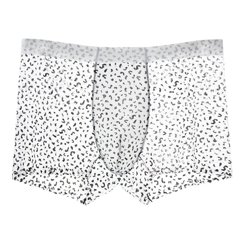 Men's black leopard print ice silk boxer shorts with a mid waist design