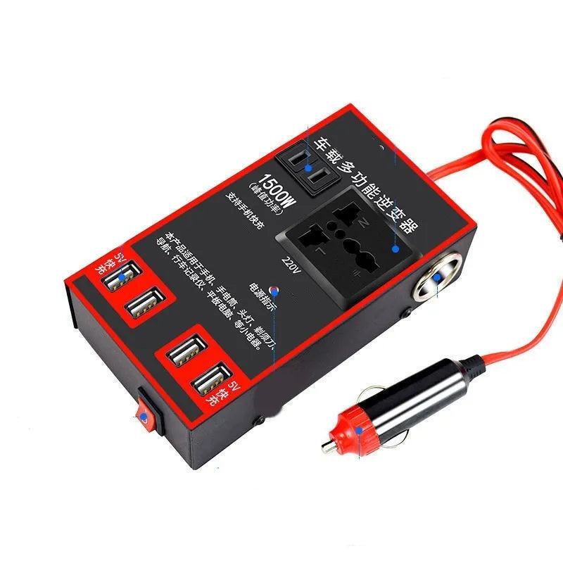 Black automotive power converter with USB charging ports for 12V/24V to 220V vehicle power conversion