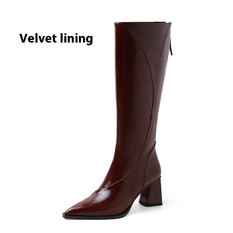 Women's brown retro cowhide high heel riding boots with a waterproof platform sole