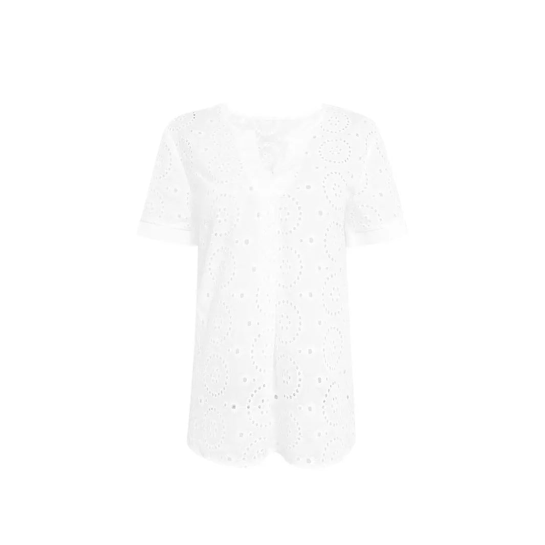 White women's V-neck t-shirt with a hollow-out pattern on the front, showing a loose, casual fit.