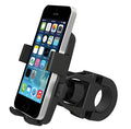 Black ABS plastic bicycle handlebar phone holder with adjustable security rope strap.