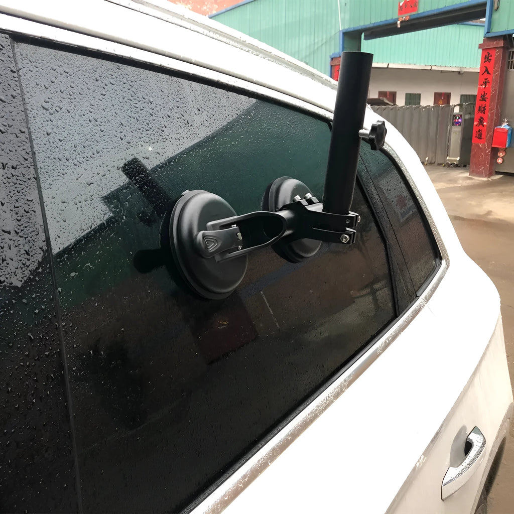 Black ABS car flagpole sucker mount with round glass suction cup for off-road vehicles.
