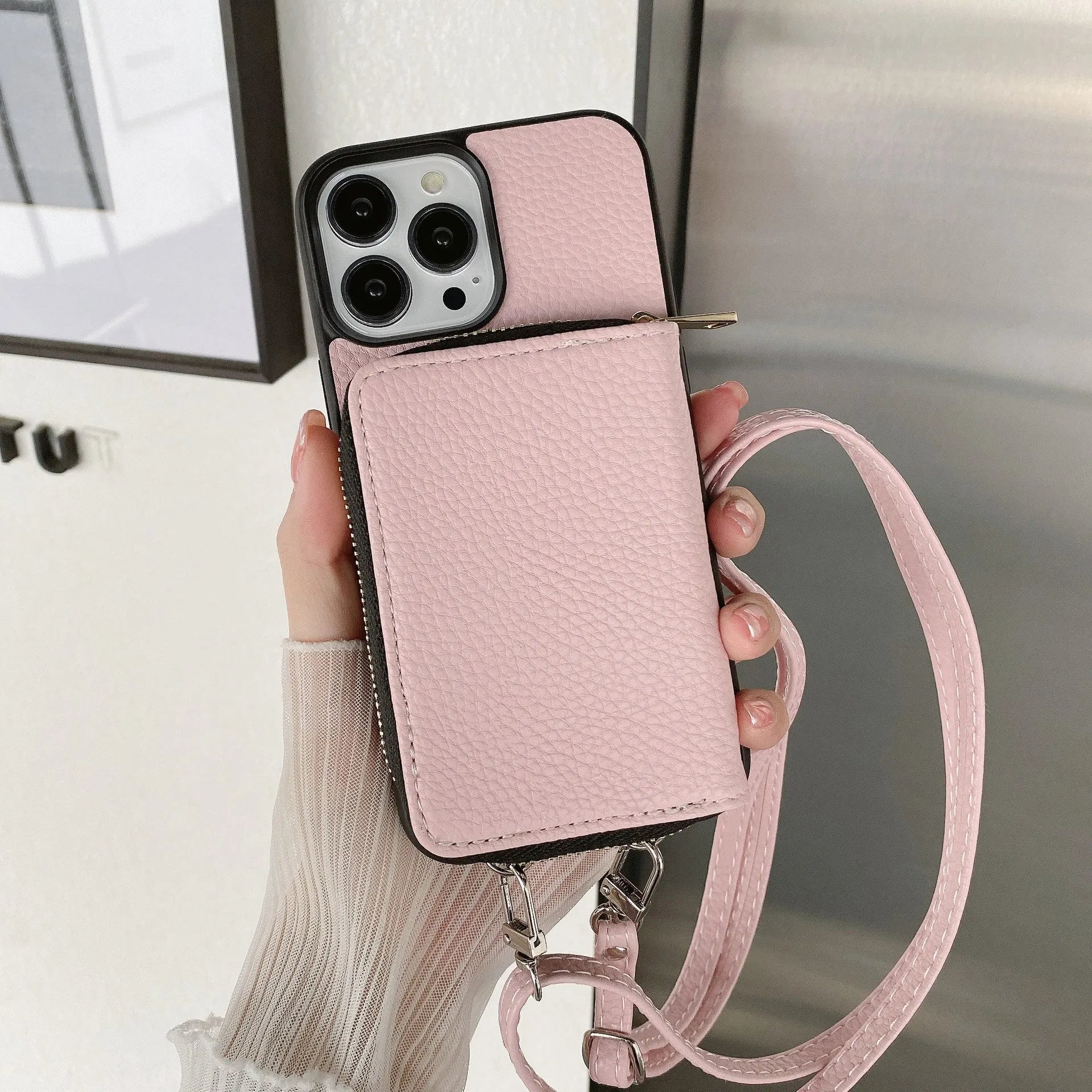 Litchi pattern textured protective case for iPhone, shown in multiple colour options.