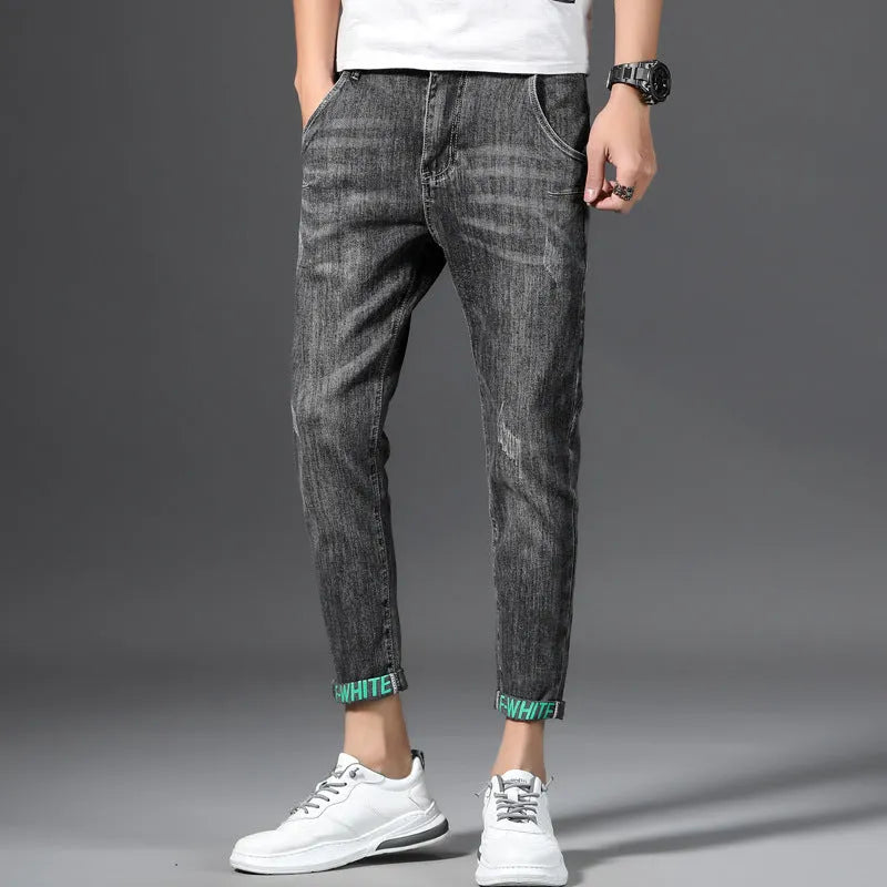 Nine Cent stretch and trim men's jeans straight leg Korean style cotton trousers in blue with washed grinding white finish