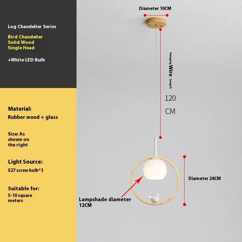 Nordic solid wood bird pendant light for corridor, restaurant or staircase, single head, 220V, with bulb included