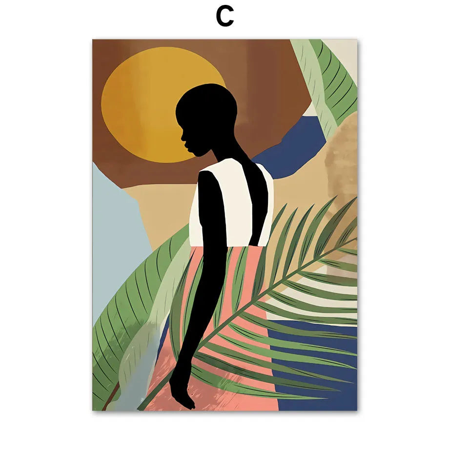 Abstract African women flower leaf canvas painting unframed rectangular wall art print