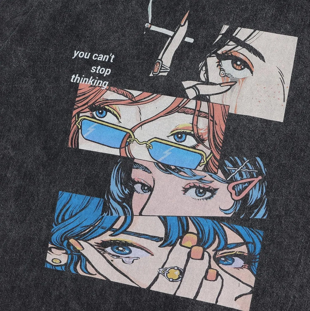 Men's loose retro cartoon print cotton t-shirt on a hanger, short sleeves.