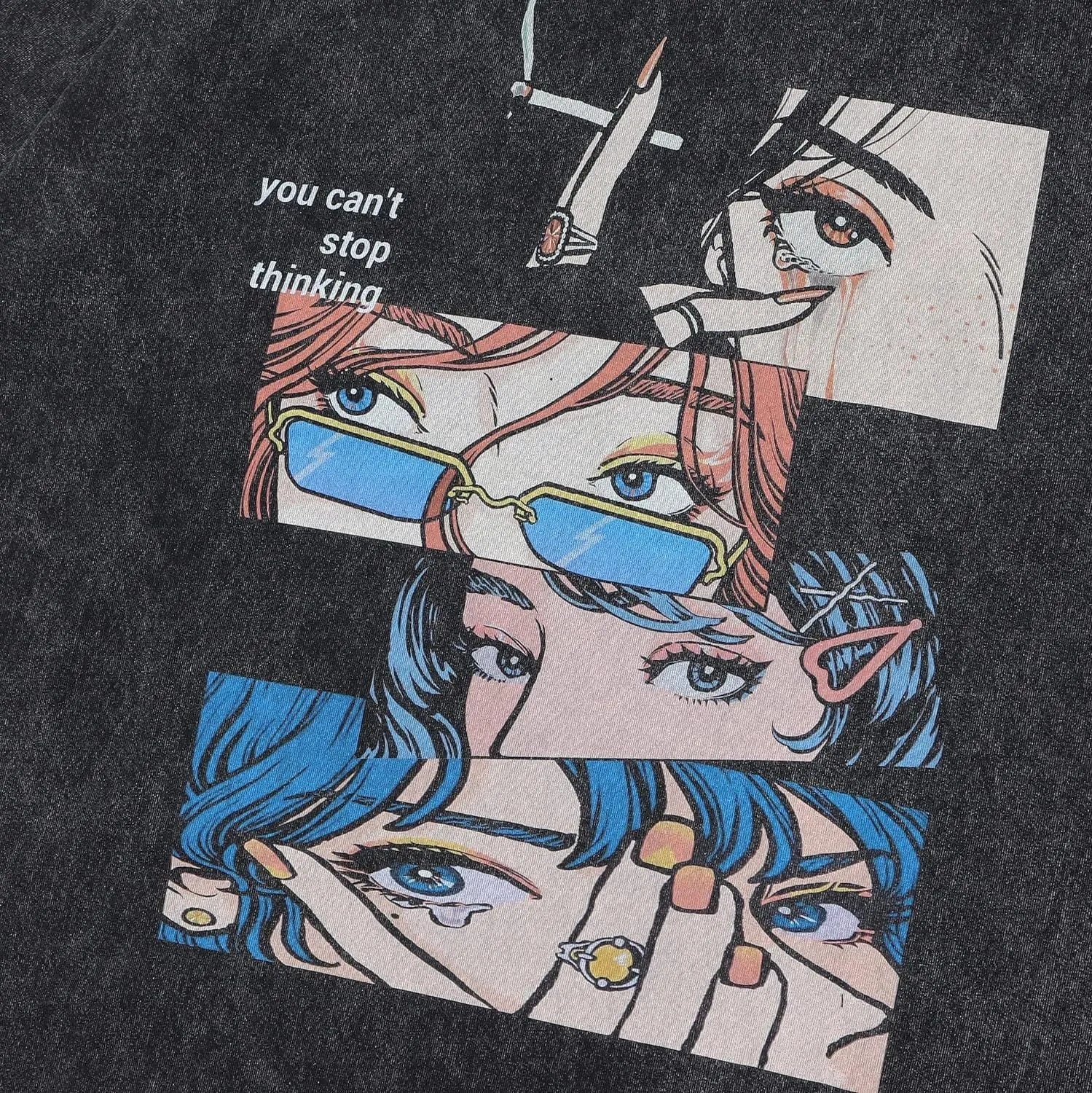 Men's loose retro cartoon print cotton t-shirt on a hanger, short sleeves.