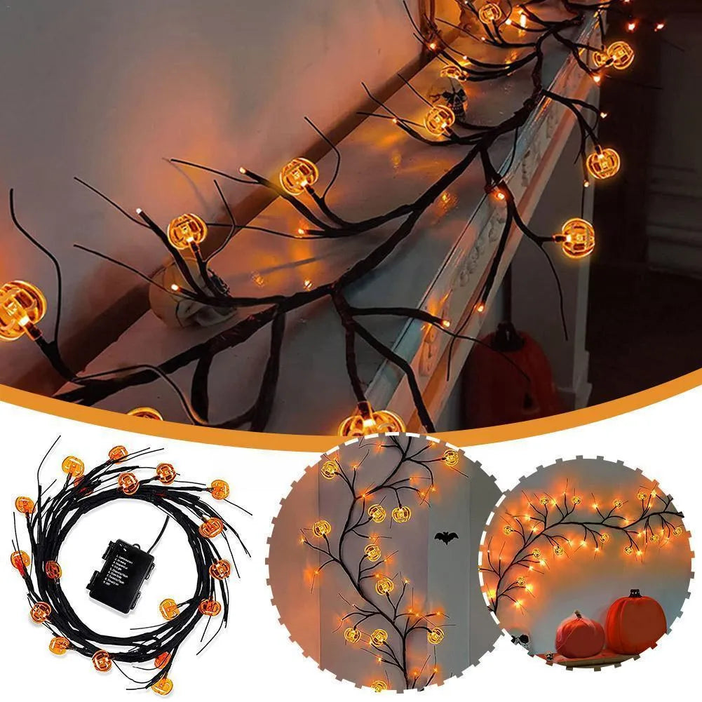 Halloween LED willow vine string light with 18 bat and 18 pumpkin rattan lights on a 2-metre vine with 100 LEDs