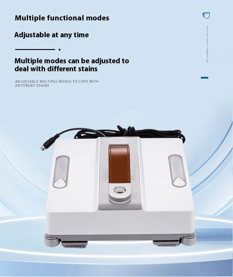White intelligent window cleaning robot with a square 220mm body on a glass window pane.