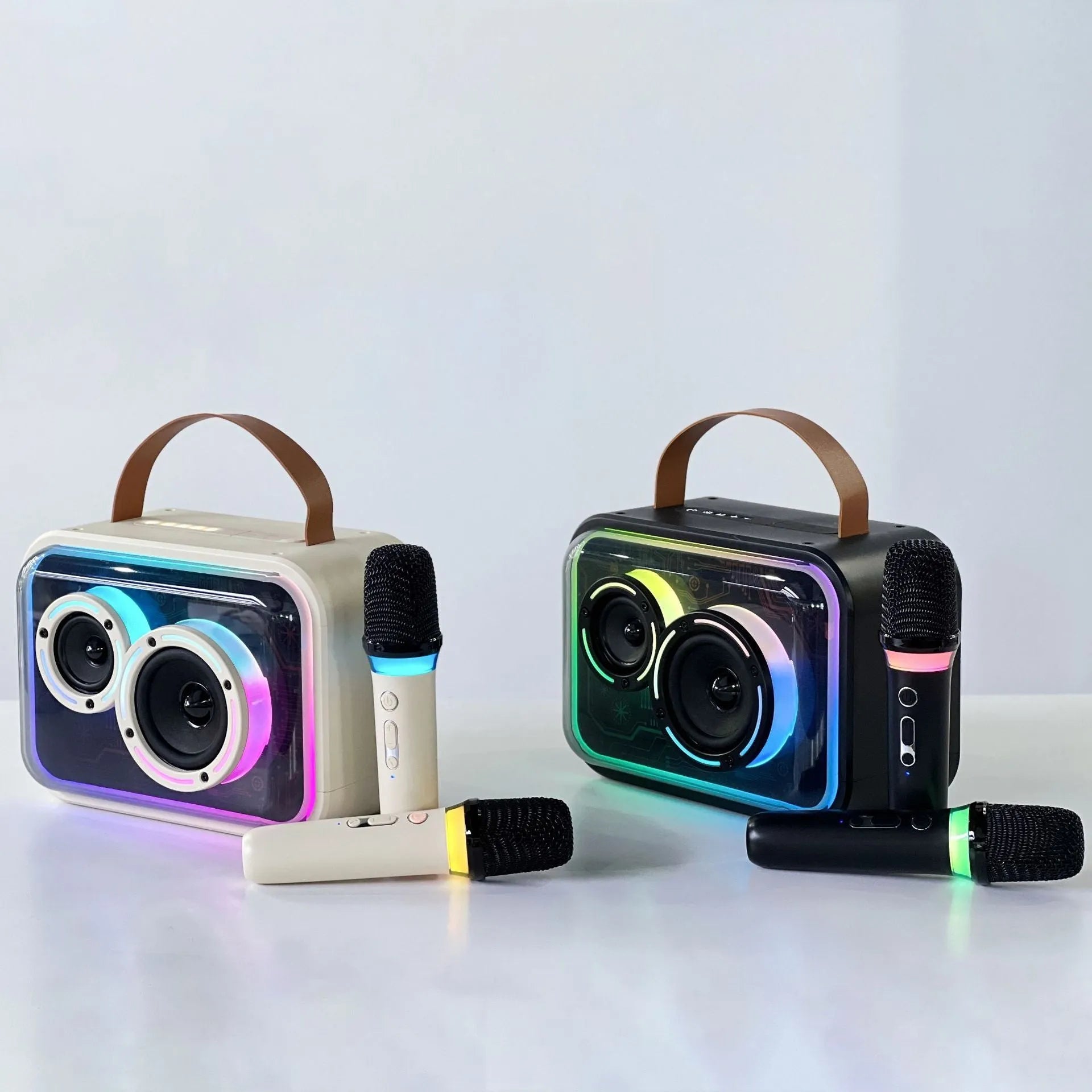 Portable Bluetooth karaoke speaker with colourful RGB lighting in light yellow colour