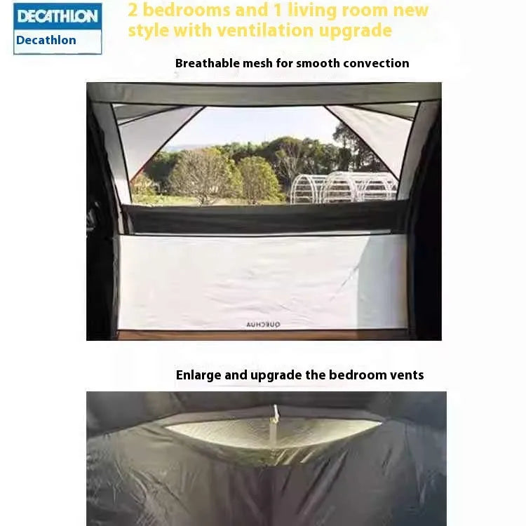 Inflatable camping tent for 4 people with hand pump, double-sheet rainproof design, polyethylene base, set up outdoors