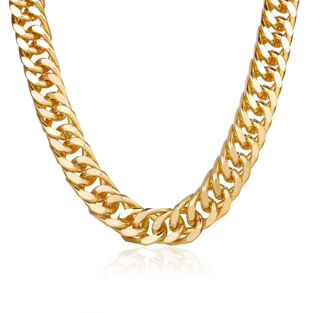 Gold thick chain women's necklace with large links, shown from the side on a plain background.
