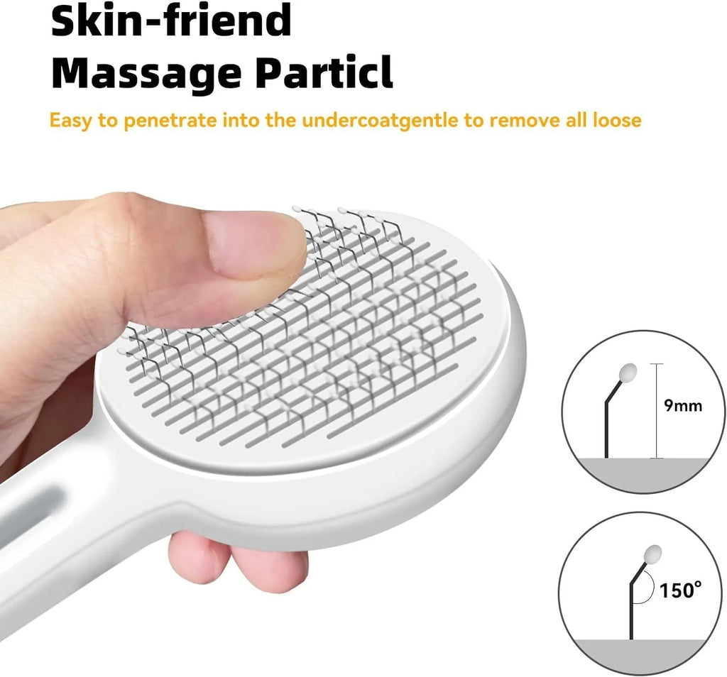 Yellow cat brush with release button, round rubber-tipped pins and stainless steel wire bristles