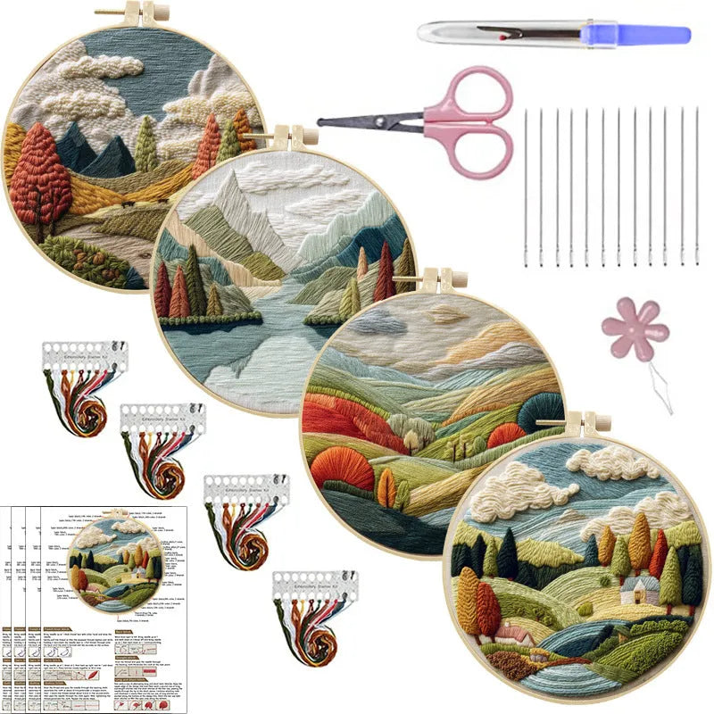 Embroidery DIY kit with landscape-printed cotton fabric, embroidery threads, and needles for handmade cloth art