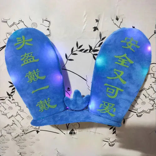 Rabbit glow ears helmet decoration with Velcro adhesive base shown in multiple colour and style options.