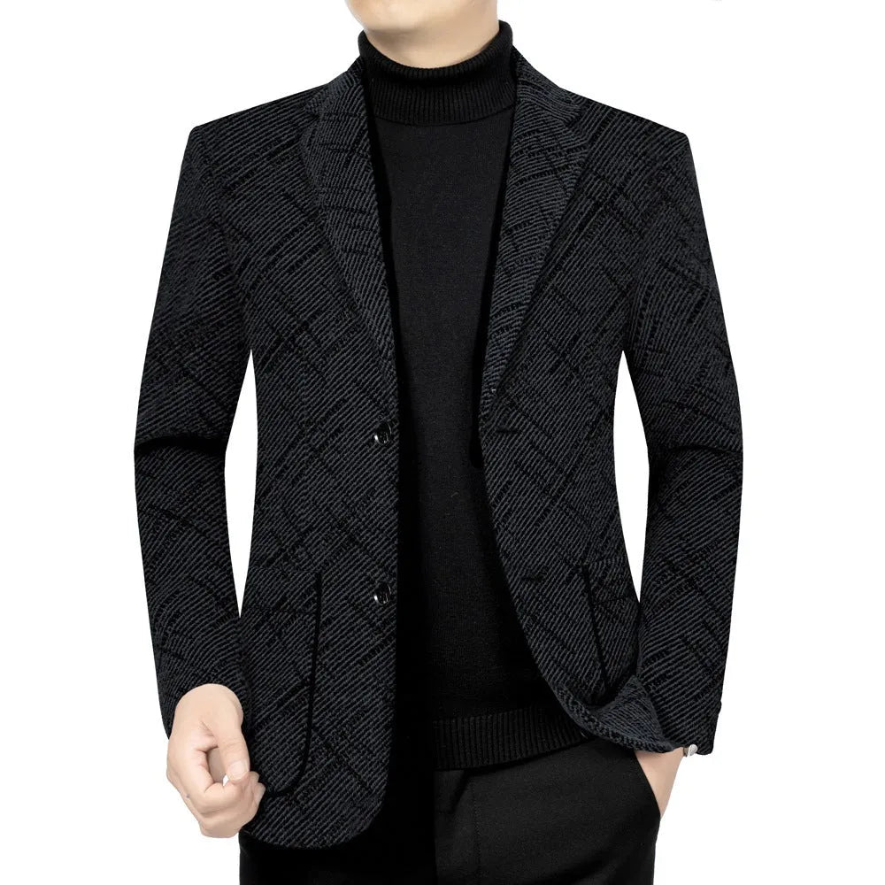 Men's slim-fit business casual coat in brown with stick pocket and long sleeves, polyester lining