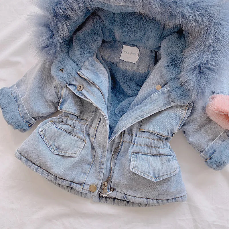 Blue denim coat for girls with attached hood and plus velvet lining shown with size tags