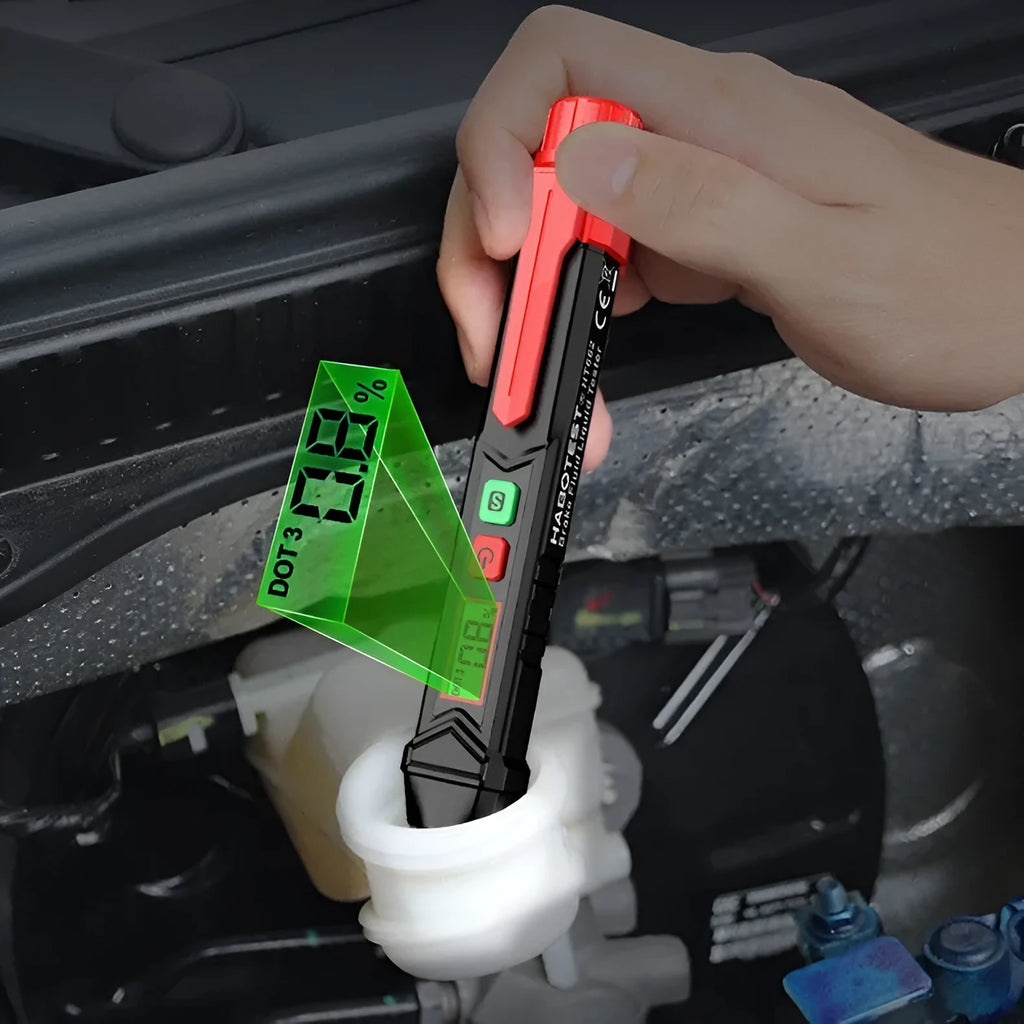 Digital brake fluid tester with display screen, batteries, and colour box packaging