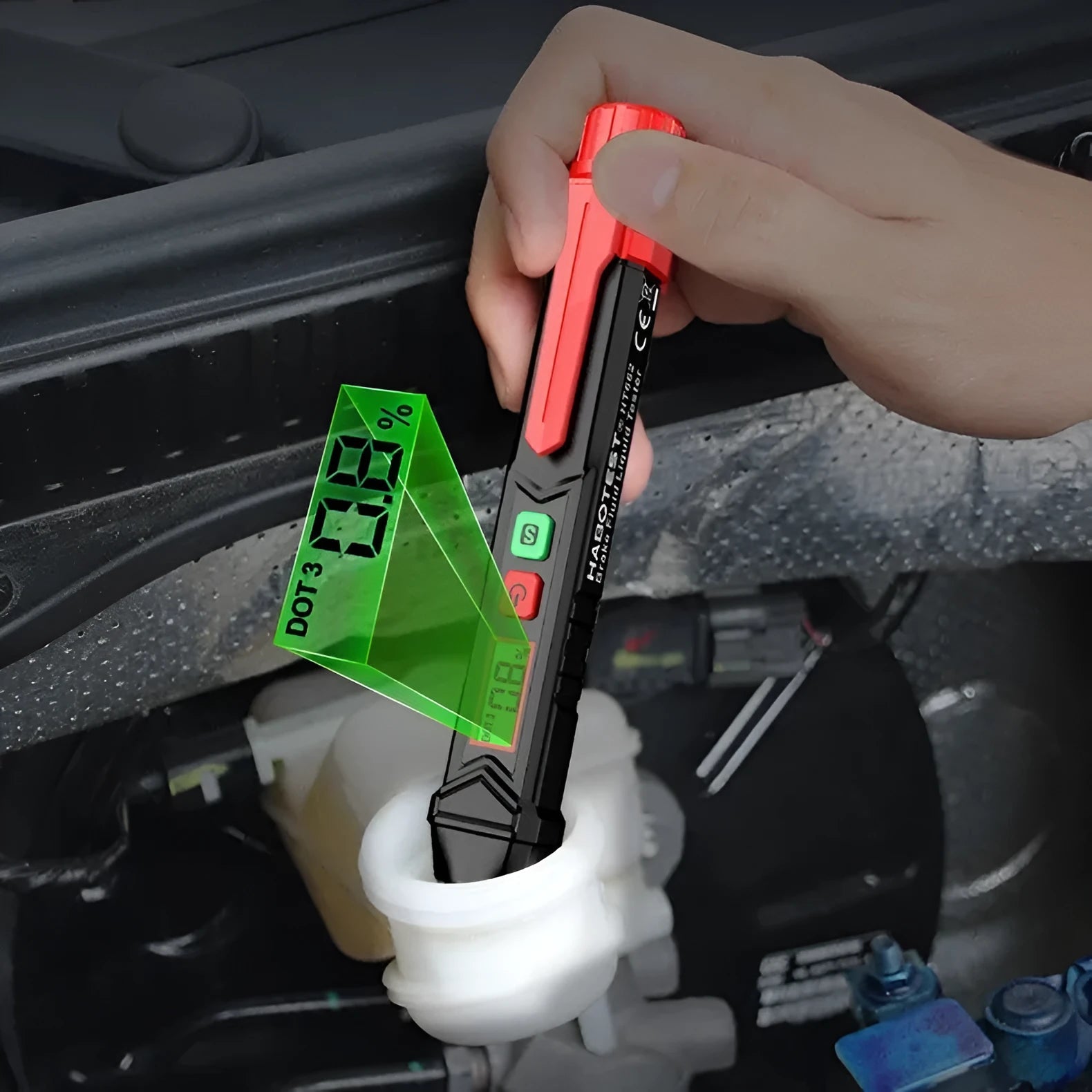 Digital brake fluid tester with display screen, batteries, and colour box packaging