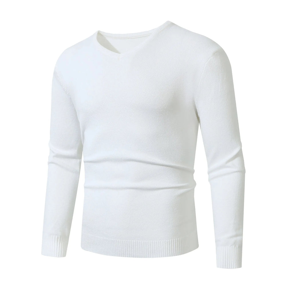 European and American casual long-sleeve V-neck sweater base layer in beige, loose fit, polyester knit