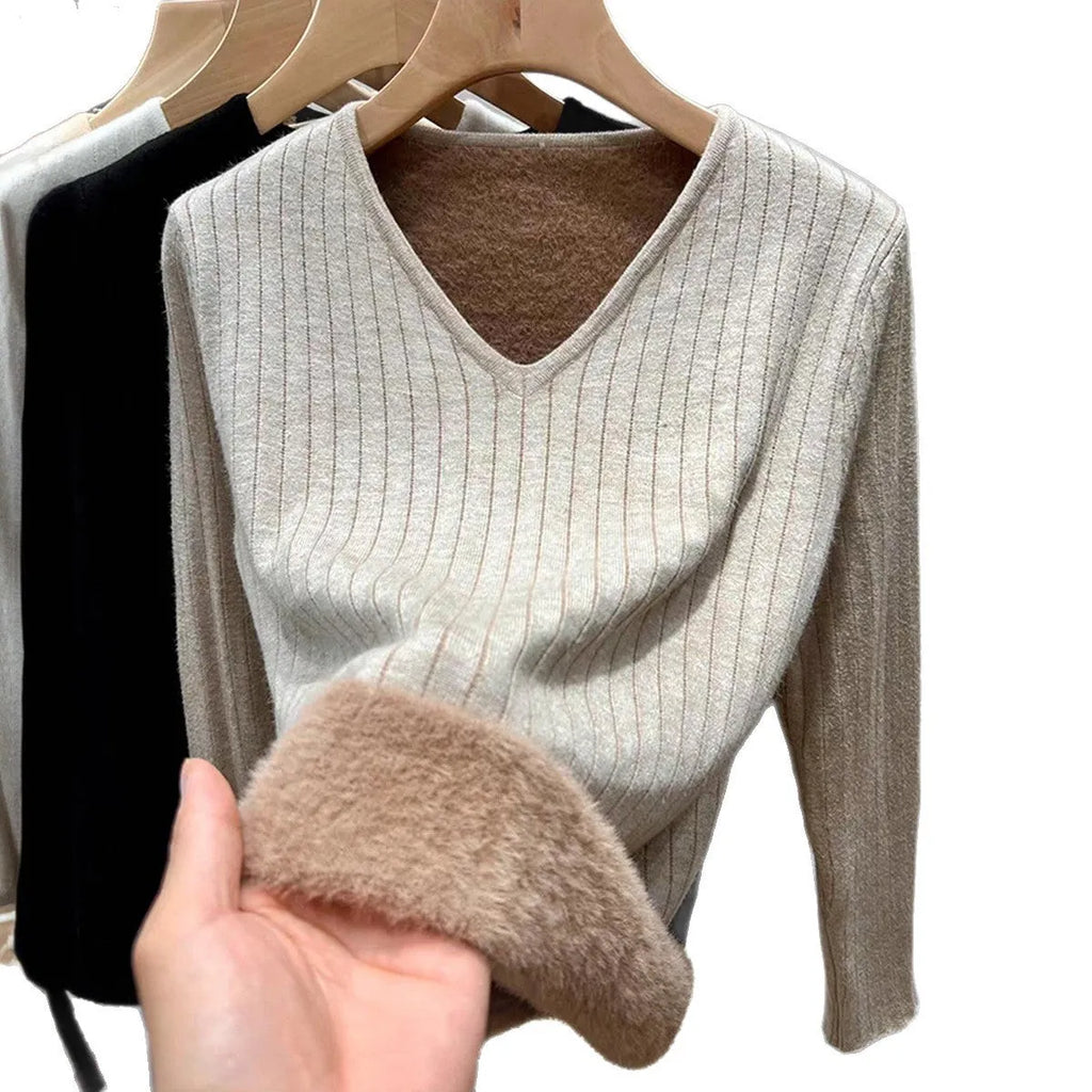 Women's V-neck long sleeve T-shirt sweater in khaki viscose fabric, shown as a pullover top
