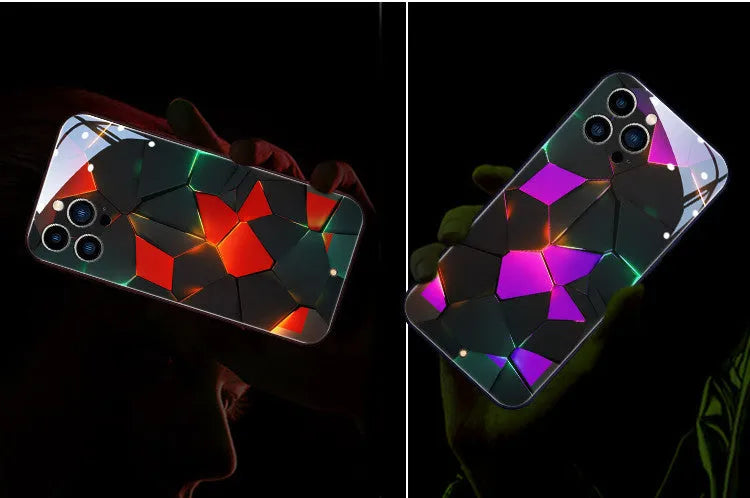 Xpress 14 iPhone case with illuminated diamond-grid pattern lighting up on a dark background.