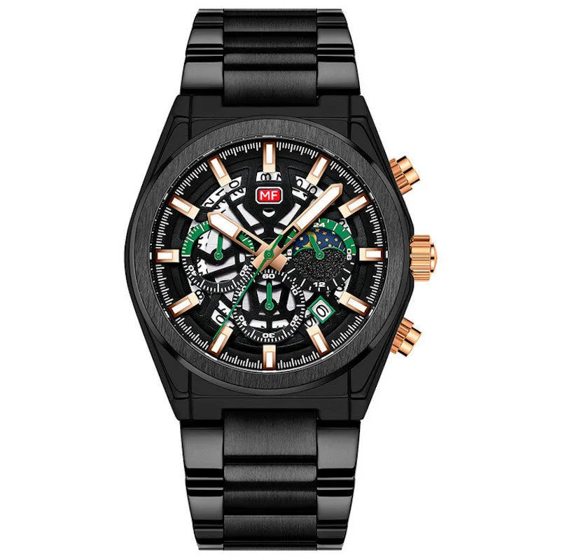 Quartz men's business watch with luminous hands and calendar, 35.5mm dial, mineral glass mirror, stainless steel buckle, black dial