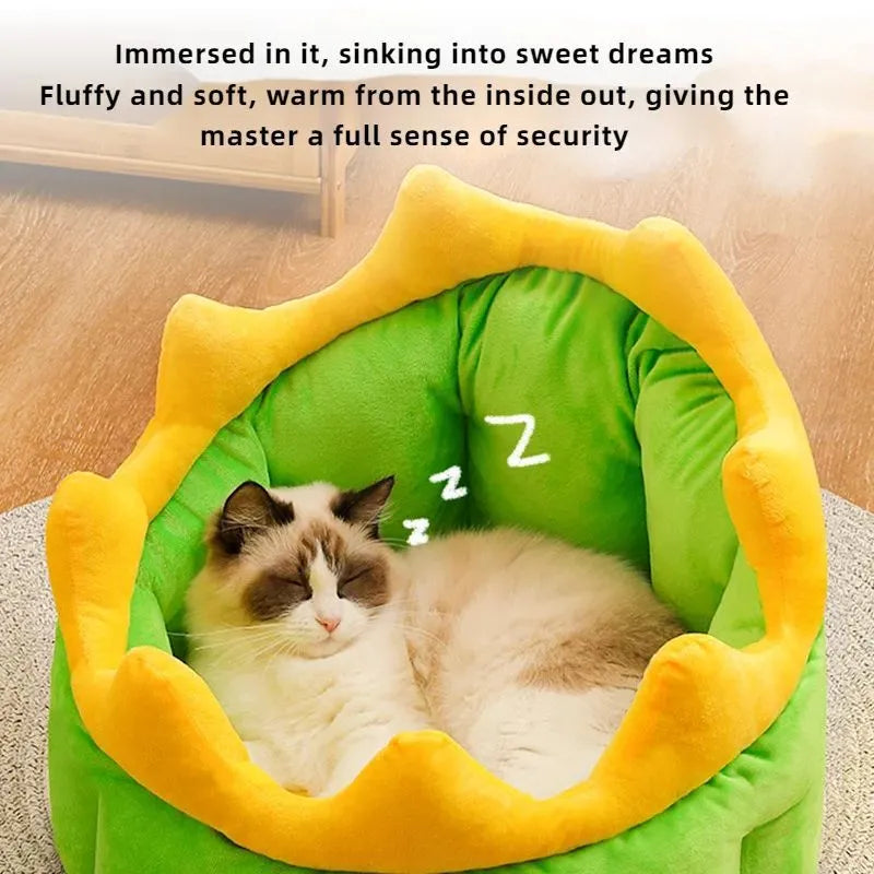 Dinosaur-shaped plush pet bed with teddy gold hair in size S for cats and small dogs
