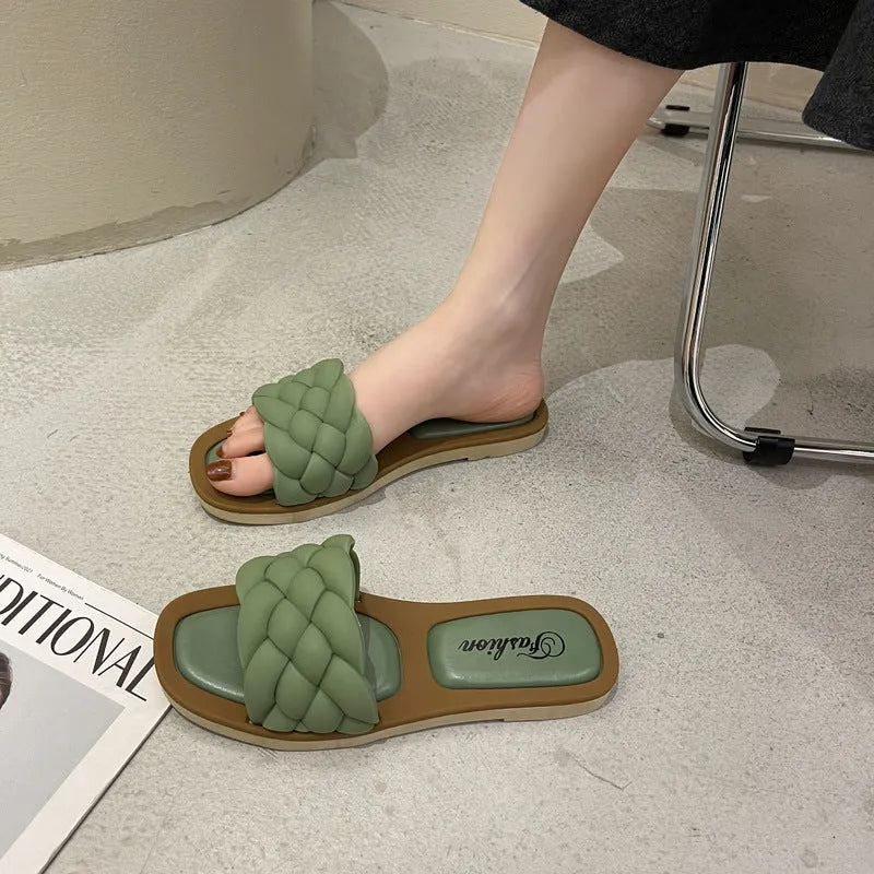 Women's plaid pattern beach sandals with thick PVC sole in white, green, black, or orange.