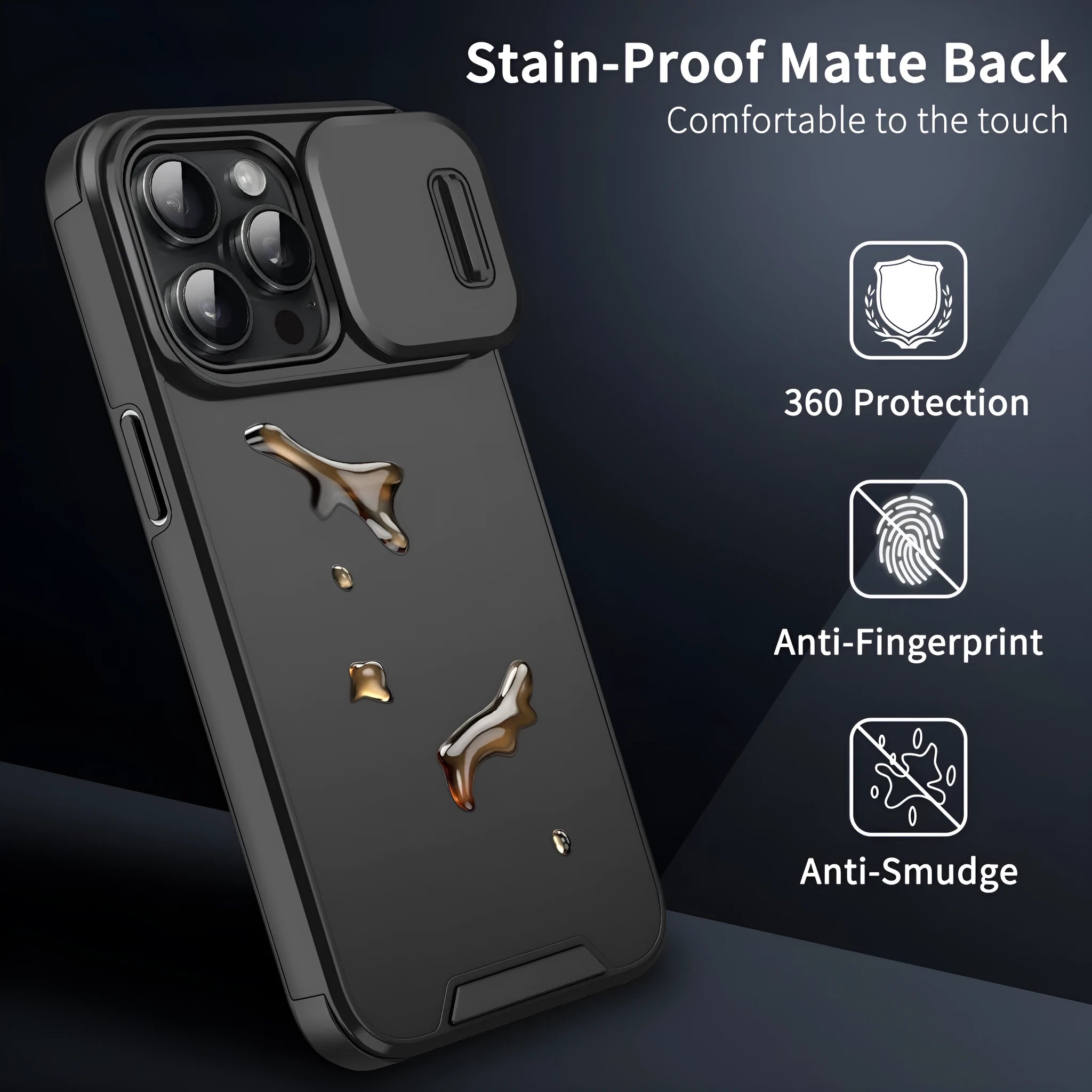 Frosted sliding window phone case for iPhone 14 in black, shockproof TPU PC design