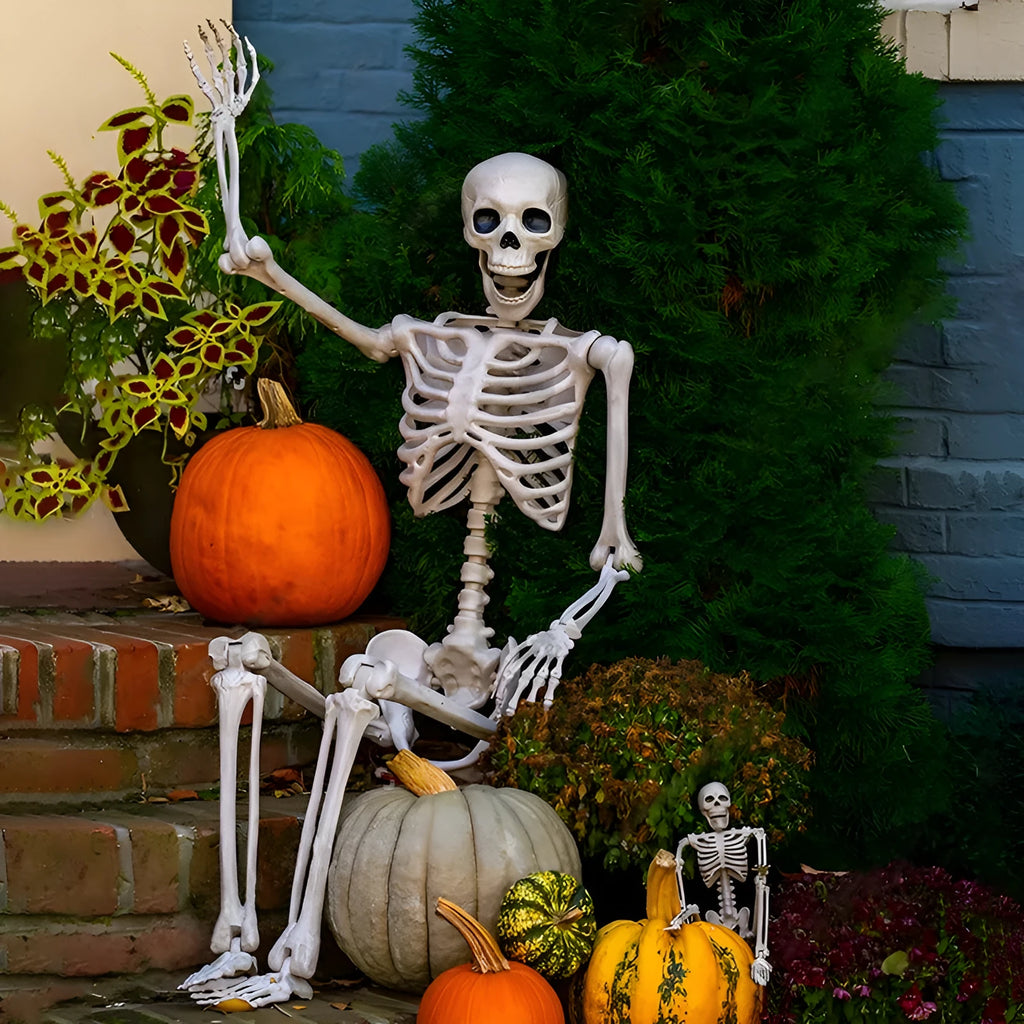 90cm tall posable plastic skeleton Halloween decoration on a white background