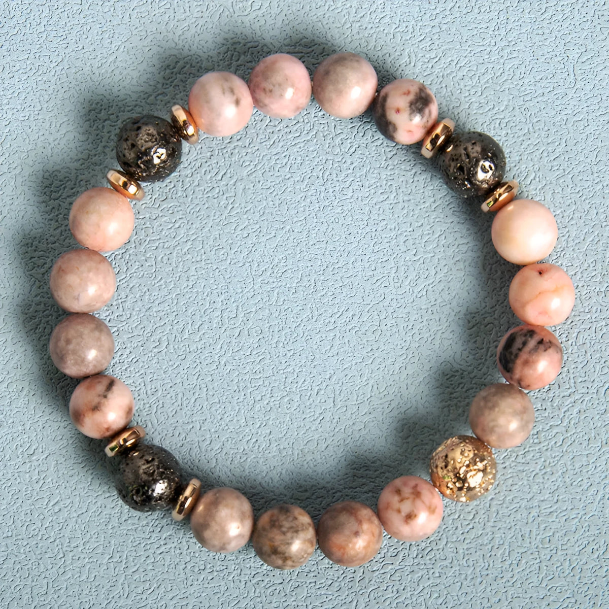 Pink zebra natural stone beaded bracelet with haematite spacers and round geometric beads